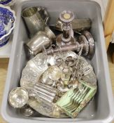 Assorted silver plated items including a pair of telescopic candlesticks.