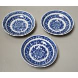 Three Chinese blue and white Shou medallion saucer dishes, 19th century, 10.5cm diameter