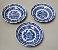 Three Chinese blue and white Shou medallion saucer dishes, 19th century, 10.5cm diameter