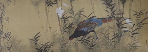 Japanese School, watercolour on silk, Pheasant amongst bamboo and lilies, signed, 50 x 131cm