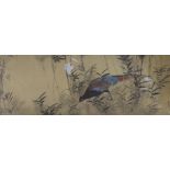 Japanese School, watercolour on silk, Pheasant amongst bamboo and lilies, signed, 50 x 131cm