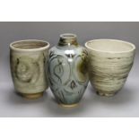 Two studio pottery vases and a lamp base, tallest 28cm