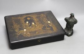 A French papier mache box and bronzed model of an eagle, box 31cms wide x 25 cms high