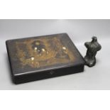 A French papier mache box and bronzed model of an eagle, box 31cms wide x 25 cms high