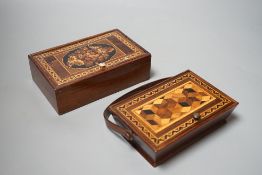 A Tunbridge ware rosewood sewing basket with bone handle and a similar small box, late 19th century,