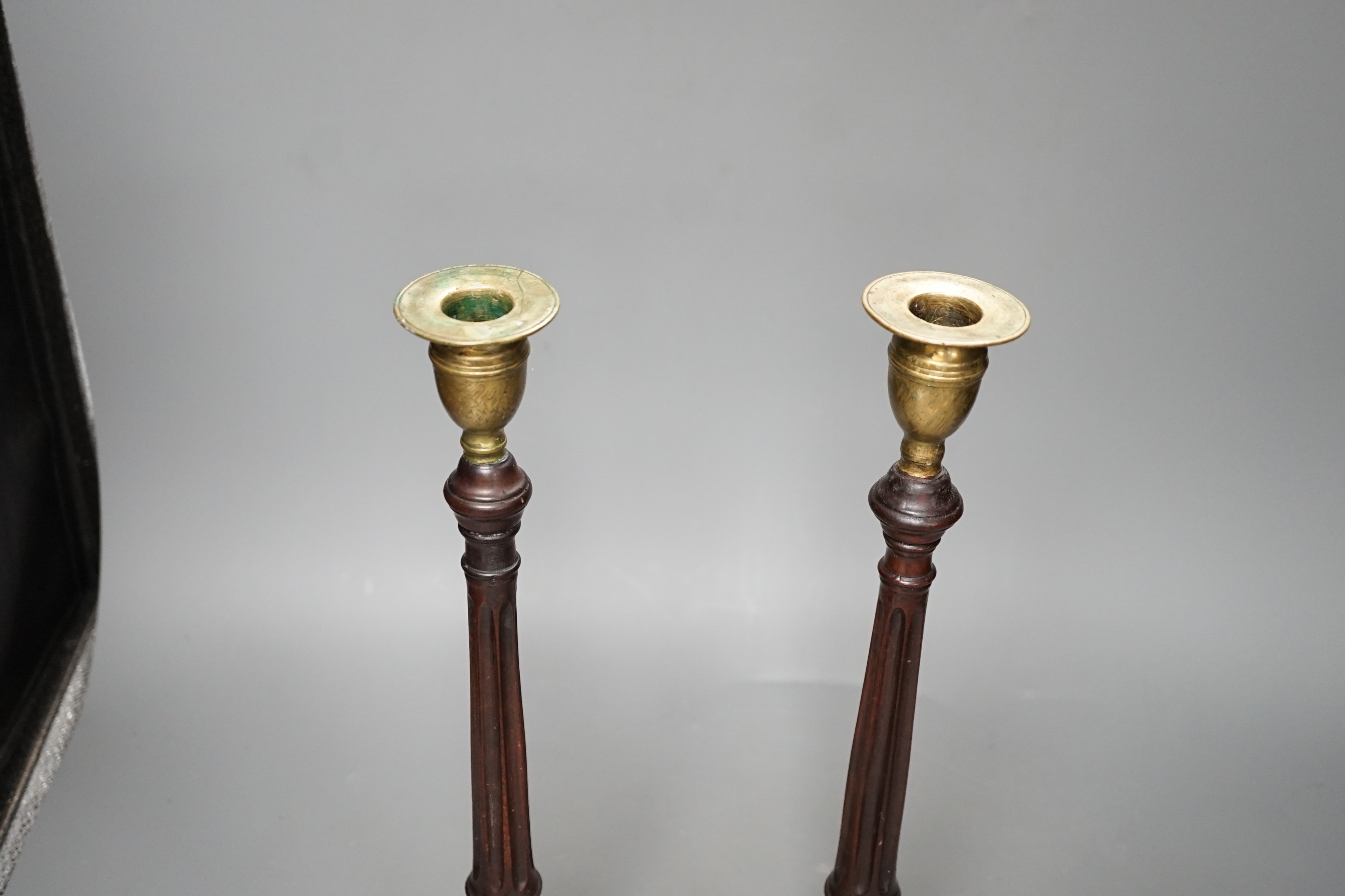 A pair of George III style carved mahogany candlesticks, with brass sconces, 38cms high - Image 5 of 6