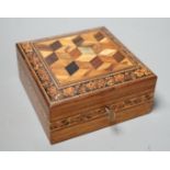 A Tunbridge ware rosewood, perspective cube marquetry and mosaic square box, 15cm wide