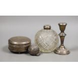 An Edwardian repousse silver mounted cut glass scent bottle(a.f.), a silver trinket box (no