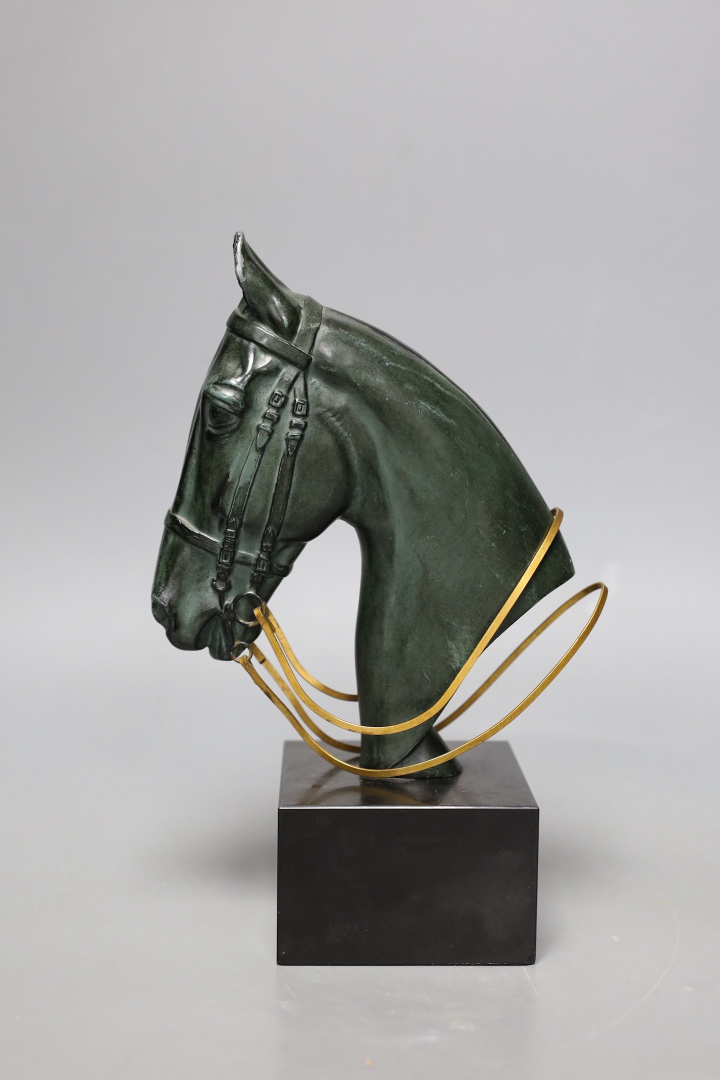 An Art Deco patinated bronze of a horses head on black marble base, 23cms high - Image 2 of 3