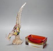 A Murano two colour Sommerso glass dish and a model of a pheasant, pheasant 28cms high