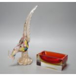 A Murano two colour Sommerso glass dish and a model of a pheasant, pheasant 28cms high