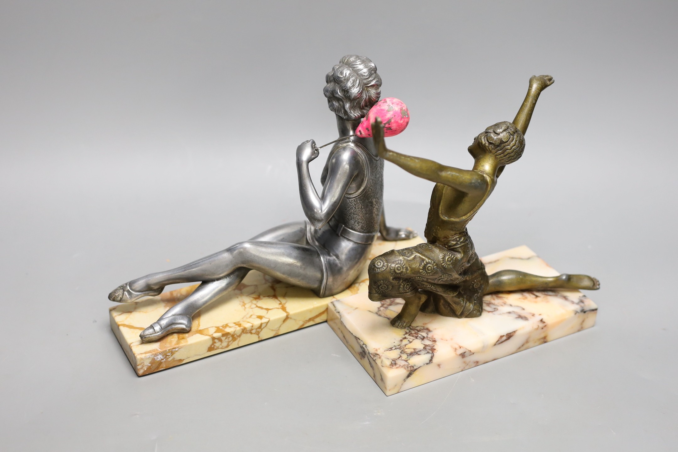 An Art Deco ‘bathing beauty’ metal figure on stand and another of a female dancer on marble - Image 2 of 2