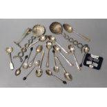 A small group of sundry flatware including a set of six George V silver teaspoons, Sheffield,