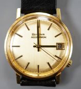 A gentleman's yellow metal Bulova Accutron wrist watch, on a black leather strap, case diameter