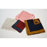 Four assorted scarves; Givenchy cotton, YSL peach chiffon, Christian Dior geometric and Loewe silk