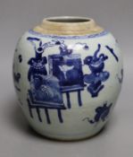 An 18th century Chinese provincial blue and white ‘Hundred Antiques’ jar, 18cm