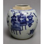 An 18th century Chinese provincial blue and white ‘Hundred Antiques’ jar, 18cm