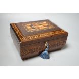 A Tunbridge ware rosewood perspective cube marquetry and half square mosaic sewing box, c.1830, 22cm