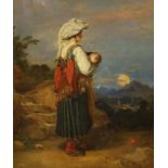 19th century Italian School, oil on canvas, Mother and child in a landscape, 40 x 35cm
