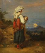 19th century Italian School, oil on canvas, Mother and child in a landscape, 40 x 35cm