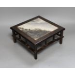 A late 19th century Chinese hongmu and dreamstone marble inset stand, 21cm sq