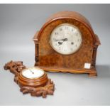 A Victorian carved oak wall timepiece and a burr walnut mantel clock