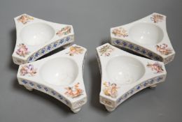 Four late 19th century Dresden porcelain tripod salts, by Helena Wolfsohn, 10cm wide