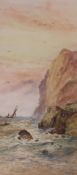William Henry Earp (1831-1914), watercolour, Fishing boats along the coast, signed, 53 x 24cm