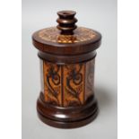 A Tunbridge ware rosewood tesserae mosaic sewing thread box with taperstick top, 13.5cm high