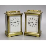 Two brass cased carriage timepieces. Tallest 12cm