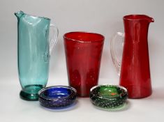 A selection of art glass, probably Whitefriars to include two jugs, a vase and two dishes suffused