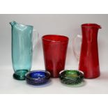 A selection of art glass, probably Whitefriars to include two jugs, a vase and two dishes suffused