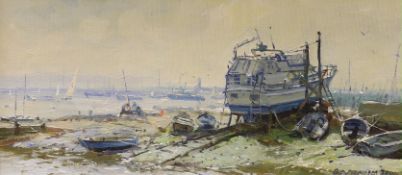 Barry Arthur Peckham b.1945), oil on board, 'Keyhaven', signed and dated 2000, 14 x 31cm