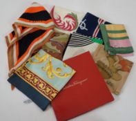 A group of eight silk scarves including Escada, Pierre Cardin, Lanvin, Salvatore Ferragamo and