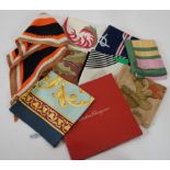 A group of eight silk scarves including Escada, Pierre Cardin, Lanvin, Salvatore Ferragamo and