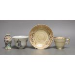 A Chinese famille rose tea bowl, similar small vase and a London shape coffee cup and saucer