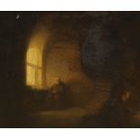 English School c.1840, pair of oils on wooden panels, Dimly lit interiors with seated figures, 28