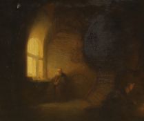 English School c.1840, pair of oils on wooden panels, Dimly lit interiors with seated figures, 28