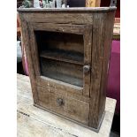 A small provincial glazed oak wall cabinet, width 43cm, depth 16cm, height 56cm