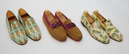 Three pairs of gentleman's Gresham Blake loafers; canvas pineapple print, size 44, canvas bananas,