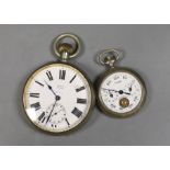 A nickel cased goliath pocket watch and a chrome cased mileometer watch.