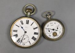 A nickel cased goliath pocket watch and a chrome cased mileometer watch.