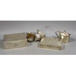 A small mixed lot of silver to include two cigarette boxes, salts and a mustard.