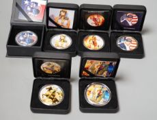 USA coins, six 1oz. silver commemorative picture coins, cased