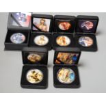 USA coins, six 1oz. silver commemorative picture coins, cased