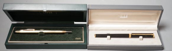 Cased Dunhill fountain pen and a Crosse pen.