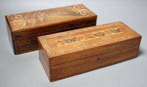 A late 19th century French rosewood 'Gants' box and a Tunbridge ware glove box, widest 26cm