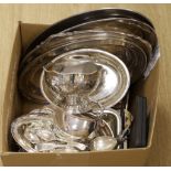 A quantity of assorted plated wares including oval serving dishes, sauce boat, rose bowl, flatware