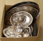A quantity of assorted plated wares including oval serving dishes, sauce boat, rose bowl, flatware