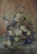 French School c.1900, pastel, Still life of roses and a glass jug, 78 x 53cm